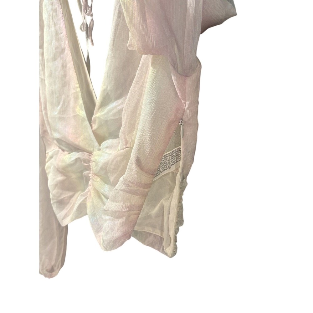 Y2K Holographic Puff Sleeve Crop Top Womens L Rave Festival Party Club - Picture 4 of 6